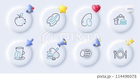 Food, Food delivery and Overeating pills line icons. Buttons with 3d bell, chat speech, cursor. Pack of World water, Pecan nut, Coffee cup icon. Peanut pictogram. For web app, printing. Vector 114496078