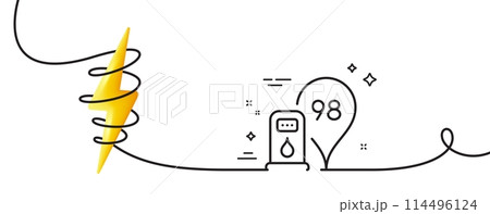 Petrol station line icon. Continuous one line with curl. Filling station location sign. 98 gasoline fuel symbol. Petrol station single outline ribbon. Loop curve with energy. Vector 114496124