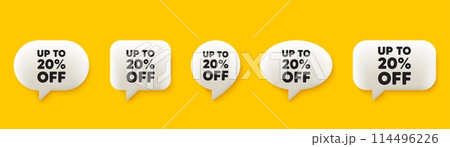 Up to 20 percent off sale. 3d chat speech bubbles set. Discount offer price sign. Special offer symbol. Save 20 percentages. Discount tag talk speech message. Talk box infographics. Vector 114496226