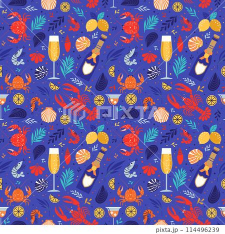 Seafood Pattern with Lobsters, Shrimps and Drinks Seafood Pattern with Lobsters, Shrimps and Drinks 114496239