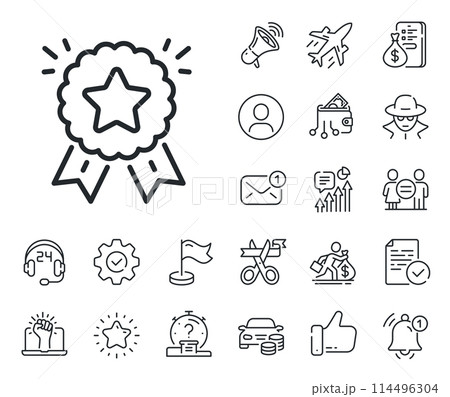 Winner medal sign. Salaryman, gender equality and alert bell outline icons. Ranking star line icon. Best rank symbol. Ranking star line sign. Spy or profile placeholder icon. Vector 114496304