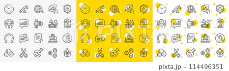 Outline Chemistry lab, Cogwheel and Attention line icons pack for web with Analytical chat, No hearing, Omega line icon. Vaccine attention, Power certificate, Cut pictogram icon. Vector 114496351