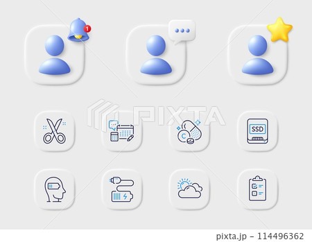 Weariness, Sunny weather and Battery line icons. Placeholder with 3d star, reminder bell, chat. Pack of Vitamin c, Ssd, Scissors icon. Account, Checklist pictogram. For web app, printing. Vector Weariness, Sunny weather and Battery line icons. Placeholder with 3d star, reminder bell, chat. Pack of Vitamin c, Ssd, Scissors icon. Account, Checklist pictogram. For web app, printing. Vector 114496362