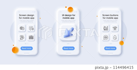 Shopping cart, Chat bubble and Parking garage line icons pack. 3d phone mockups with cursor. Glass smartphone screen. Time management, Money transfer, Graph chart web icon. Vector Shopping cart, Chat bubble and Parking garage line icons pack. 3d phone mockups with cursor. Glass smartphone screen. Time management, Money transfer, Graph chart web icon. Vector 114496415