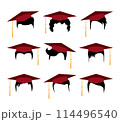 Set of black hair silhouettes with red graduation caps. Jpeg modern haircuts with education student caps for men or women, isolated on white 114496540