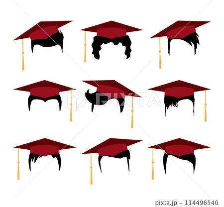 Set of black hair silhouettes with red graduation caps. Jpeg modern haircuts with education student caps for men or women, isolated on white 114496540