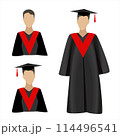 Man in graduation ceremonial clothing. Set of graduate hats, academic squares or student caps and mantles in different colors. Jpeg isolated on white 114496541
