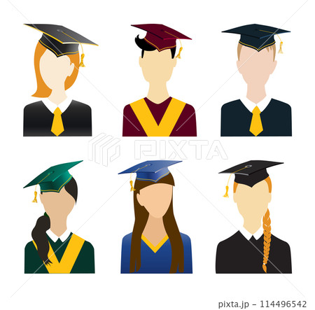 Set of student avatars in graduation ceremonial clothing. Boys and girls portraits n graduate hats and mantles. Jpeg 114496542