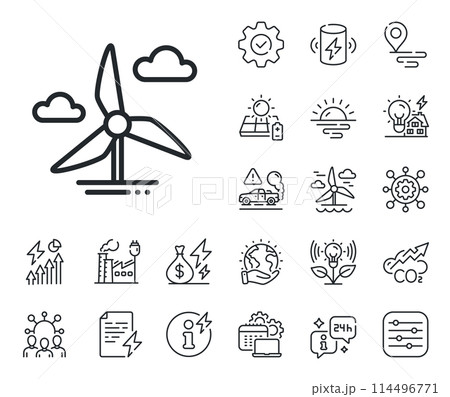 Wind power energy sign. Energy, Co2 exhaust and solar panel outline icons. Windmill turbine line icon. Alternative supply symbol. Windmill turbine line sign. Eco electric or wind power icon. Vector 114496771
