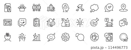 Icons pack as Washing machine, Pin and Bed bugs line icons for app include Anxiety, Face biometrics, Talk bubble outline thin icon web set. Chemistry lab, Settings gear. Vector 114496773