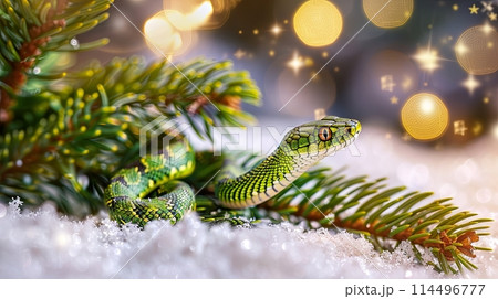 greeting Happy New year background with green snake, Christmas tree and golden lights 114496777