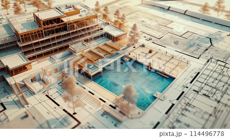 construction project, spa complex building with swimming pool under construction on blueprint 114496778