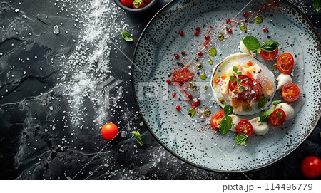 gourmet dish with tomato from Michelin restaurant as background 114496779