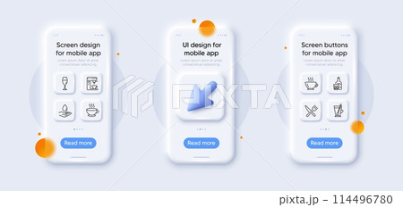 Coffee, Coffee cup and Water care line icons pack. 3d phone mockups with cursor. Glass smartphone screen. Whiskey glass, Food, Wineglass web icon. Tea mug pictogram. For web app, printing. Vector 114496780