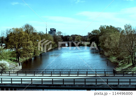 bridge over river in spring 114496800