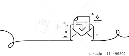 Approved mail line icon. Continuous one line with curl. Accepted or confirmed sign. Document symbol. Approved mail single outline ribbon. Loop curve pattern. Vector Approved mail line icon. Continuous one line with curl. Accepted or confirmed sign. Document symbol. Approved mail single outline ribbon. Loop curve pattern. Vector 114496801