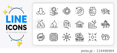 Card, Bid offer and Recovery tool line icons set for app include Consumption growth, Minimize, Seo timer outline thin icon. Cpu processor, Update data, Employee hand pictogram icon. Vector 114496964