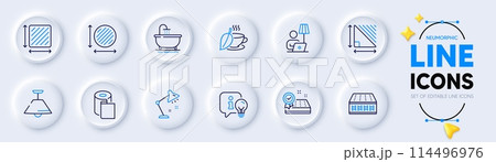 Circle area, Square area and Table lamp line icons for web app. Pack of Ceiling lamp, Mattress, Bath pictogram icons. Paper wallpaper, Mint tea, Mattress guarantee signs. Lap dimension. Vector Circle area, Square area and Table lamp line icons for web app. Pack of Ceiling lamp, Mattress, Bath pictogram icons. Paper wallpaper, Mint tea, Mattress guarantee signs. Lap dimension. Vector 114496976