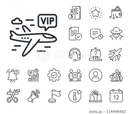 Very important person airplane sign. Salaryman, gender equality and alert bell outline icons. Vip flight line icon. Charter plane symbol. Vip flight line sign. Spy or profile placeholder icon. Vector 114496982