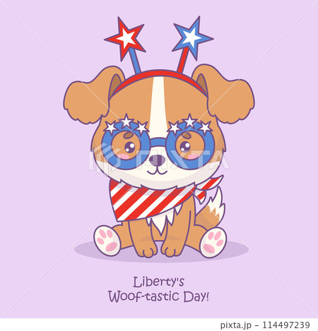 Funny dog wearing holiday accessories in colors of American flag. Cute cartoon patriotic animal character. Postcard American Independence Day. Vector illustration with congratulations slogan. Funny dog wearing holiday accessories in colors of American flag. Cute cartoon patriotic animal character. Postcard American Independence Day. Vector illustration with congratulations slogan. 114497239
