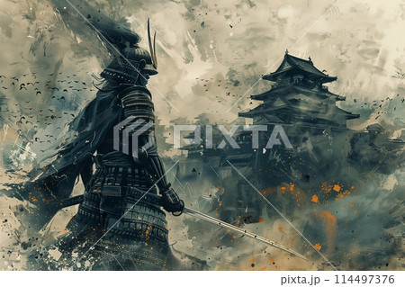 Samurai warrior in battle stance against ancient temple 114497376