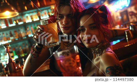Cheerful friends toasting drinks at bar 114497380