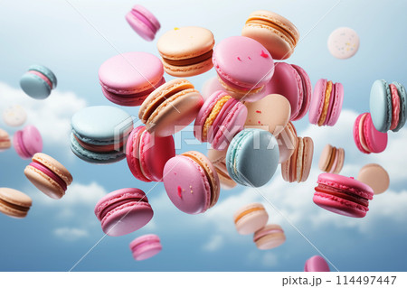 Floating colorful macarons on transparent background 114497447