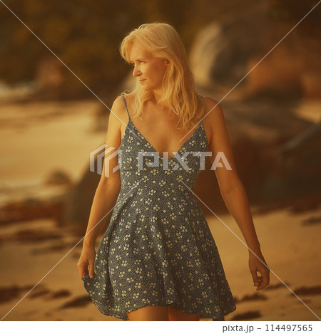 Portrait of a woman with long blond hair on a tropical beach Portrait of a woman with long blond hair on a tropical beach 114497565