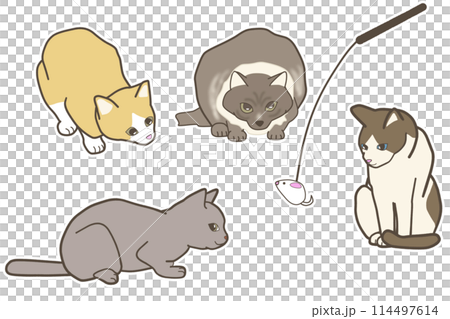 獲物を狙っている様々な猫種の全身イラスト 114497614