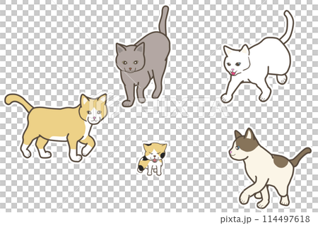 子猫に集まる様々な猫種の全身イラスト 114497618