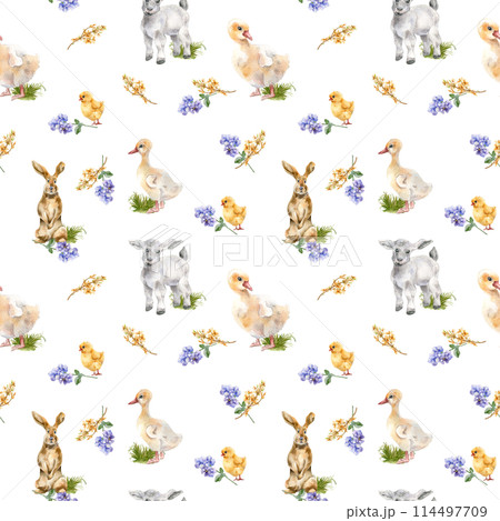 Bunny, chick and gosling watercolor Easter print. Baby animals with spring flowers seamless pattern isolated on white. Pets illustration and blue floral hand drawn. For textile, paper, backdrop 114497709