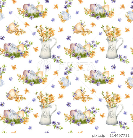 Spring yellow flowers in jug Easter watercolor seamless pattern isolated on white. Blossom branch with Easter eggs. Forsythia blooming and blue flowers hand drawn. For textile, wrapping paper 114497731