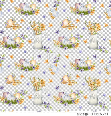 Spring yellow flowers in jug Easter watercolor seamless pattern isolated on white. Blossom branch with Easter eggs. Forsythia blooming and blue flowers hand drawn. For textile, wrapping paper 114497731