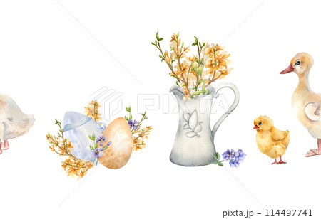 Easter watercolor seamless border with colorful eggs and first spring flowers isolated on white. Flowers in jug with farm pets hand drawn for Easter design. Chick, gosling painted Easter watercolor seamless border with colorful eggs and first spring flowers isolated on white. Flowers in jug with farm pets hand drawn for Easter design. Chick, gosling painted 114497741