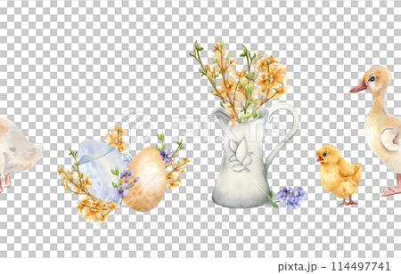 Easter watercolor seamless border with colorful eggs and first spring flowers isolated on white. Flowers in jug with farm pets hand drawn for Easter design. Chick, gosling painted Easter watercolor seamless border with colorful eggs and first spring flowers isolated on white. Flowers in jug with farm pets hand drawn for Easter design. Chick, gosling painted 114497741