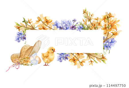 Easter frame with chick and flowers hand drawn. Yellow blossom branches watercolor illustration isolated on white. Border of first spring flowers and Easter eggs. Spring flowers for Easter design 114497750