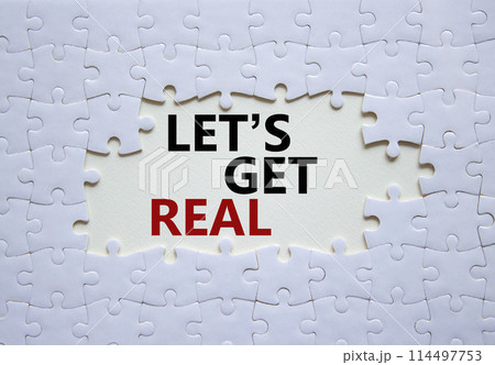 Lets get real symbol. Concept words Lets get real on white puzzle. Beautiful white background. Business and Lets get real concept. Copy space. 114497753