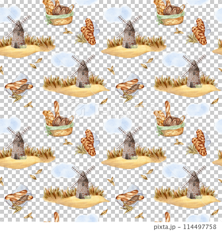 Windmill with various kind bread in watercolor seamless pattern isolated on white background. Rustic landscape with rye for bakery in sketch style hand drawn. Design for package, wrapping paper Windmill with various kind bread in watercolor seamless pattern isolated on white background. Rustic landscape with rye for bakery in sketch style hand drawn. Design for package, wrapping paper 114497758