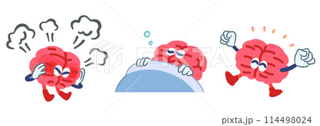 脳のキャラクターで脳疲労、脳回復を表したベクターイラストセット 114498024