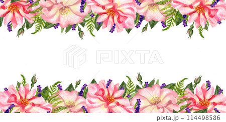 Beautiful banner of pink rosehip flowers and leaves 114498586