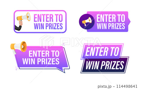 Enter to win prizes text with Megaphone label set. Megaphone in hand promotion banner. Marketing and advertising Enter to win prizes text with Megaphone label set. Megaphone in hand promotion banner. Marketing and advertising 114498641