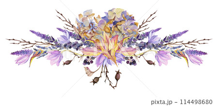Hand drawn watercolor illustration shabby boho botanical flowers leaves. Crocus saffron rose hip veronica hortensia lavender berries. Composition isolated white background. Design wedding, love cards Hand drawn watercolor illustration shabby boho botanical flowers leaves. Crocus saffron rose hip veronica hortensia lavender berries. Composition isolated white background. Design wedding, love cards 114498680
