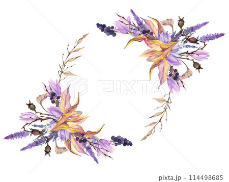 Hand drawn watercolor illustration shabby boho botanical flowers leaves. Crocus saffron rose hip veronica lavender berries. Wreath frame isolated on white background. Design wedding, gift love cards Hand drawn watercolor illustration shabby boho botanical flowers leaves. Crocus saffron rose hip veronica lavender berries. Wreath frame isolated on white background. Design wedding, gift love cards 114498685