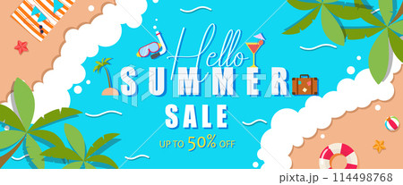 Creative summer sale banner in trendy bright colors with summer beach waves background for media, cover, post Creative summer sale banner in trendy bright colors with summer beach waves background for media, cover, post 114498768
