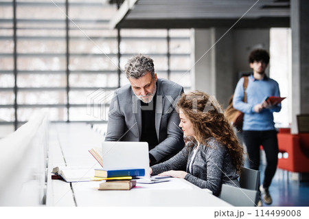 Handsome university professor helping to student final project, showing her research paper, book for thesis in library. 114499008