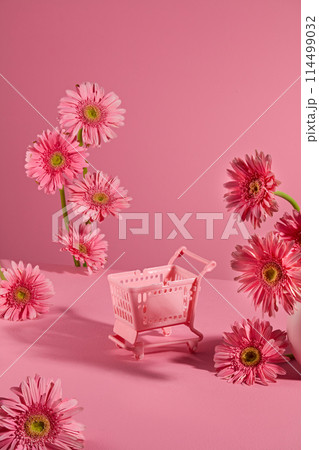 Flower designing template in pink tone. A shopping cart placed in the center with plenty flor gerbera rosa decorated around. Front view with blank space for advertising 114499032
