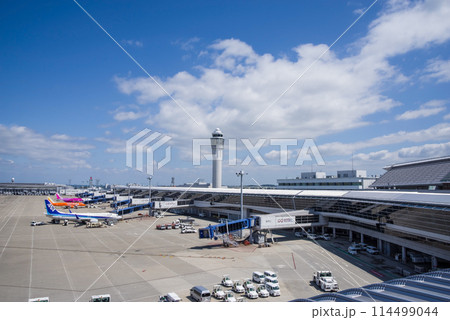 中部国際空港セントレア『スカイデッキ』からの展望・管制塔と駐機する国内線旅客機 114499044