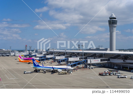 中部国際空港セントレア『スカイデッキ』からの展望・管制塔と駐機する国内線旅客機 114499050