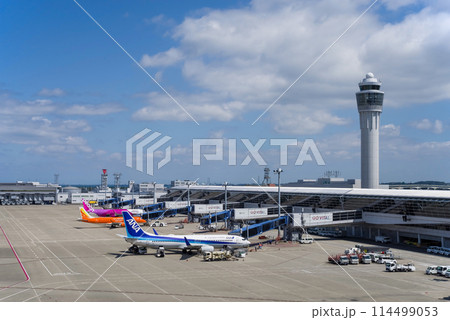中部国際空港セントレア『スカイデッキ』からの展望・管制塔と駐機する国内線旅客機 114499053