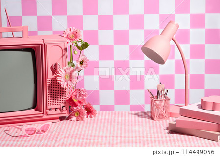 Frontal shot photo with vacant space in center for showing product, a stack of books, lamp, makeup utensils, a television and some gerbera flower decorated on pink checkered background 114499056